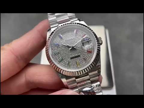 8+ Factory Counterweight Rolex Day-Date 128239-0019 Full White Gold Baguette Diamond White Gold Dial