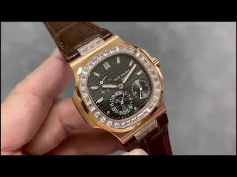 GR Factory Patek Philippe Nautilus 5712G 40mm Diamond Bezel Rose Gold Leather Strap Grey Dial