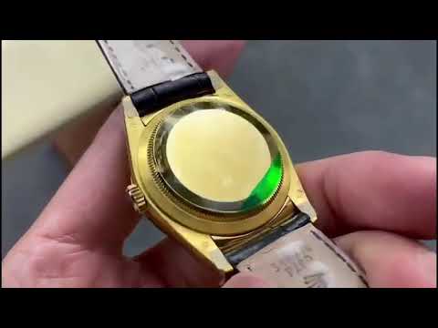 8+ Factory ‘counterweight’ Rolex Day-Date 36mm 18038 Yellow Gold Crocodile Leather Strap Black Dial
