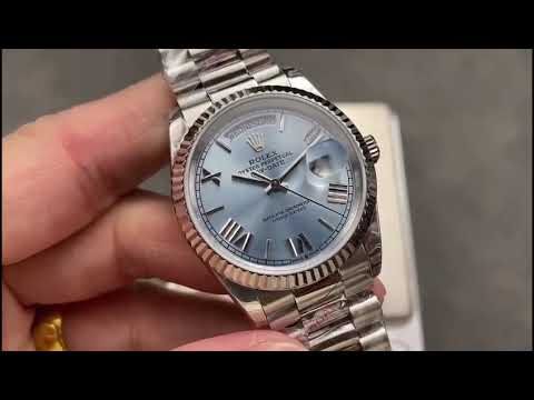 8+ Factory ‘Counterweight’ Rolex Day-Date 128236-0018 36mm Full Platinum Roman Numerals Ice Blue