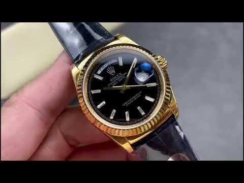8+ Factory ‘counterweight’ Rolex Day-Date 36mm 128238 Yellow Gold Crocodile Leather Strap Baguette