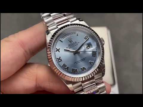 8+ Factory ‘Counterweight’ Rolex Day-Date 128236-0008 36mm Full Platinum Roman Numerals Ice Blue