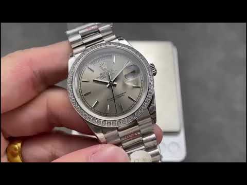 8+ Factory ‘Counterweight’ Rolex Day-Date 128349RBR-0001 36mm Diamond Bezel Full White Gold Silver