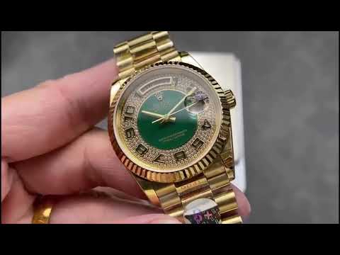 8+ Factory ‘Counterweight’ Rolex Day-Date 118238 36mm Full Yellow Gold Arabic Numerals Diamond&Green