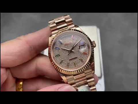 8+ Factory Counterweight Rolex Day-Date 128235-0039 36mm Full Rose Gold Baguette Diamond