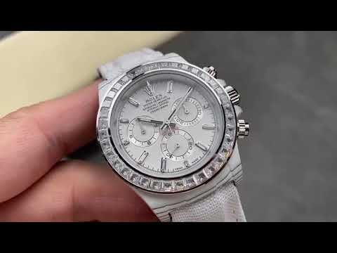PPM Factory Rolex Daytona Modified 116500 White Carbon Fiber Calf Skin Strap Diamond Baguette White