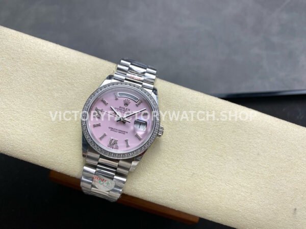 8+ Factory Counterweight Rolex Day-Date 128349RBR-0008 36mm Diamond Bezel White Gold Roman Number Pink Dial