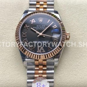 8+ Factory Counterweight Rolex Datejust 278271-0030 31mm Half Rose Gold Roman Numerals Diamond Grey Dial Jubilee