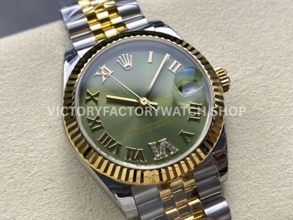 8+ Factory Counterweight Rolex Datejust 278273-0016 31mm Half Yellow Gold Roman Numerals Diamond Green Dial Jubilee  Brand : Rolex