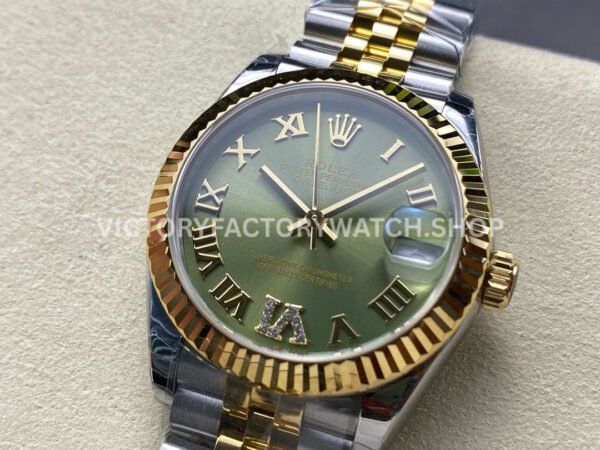 8+ Factory Counterweight Rolex Datejust 278273-0016 31mm Half Yellow Gold Roman Numerals Diamond Green Dial Jubilee  Brand : Rolex