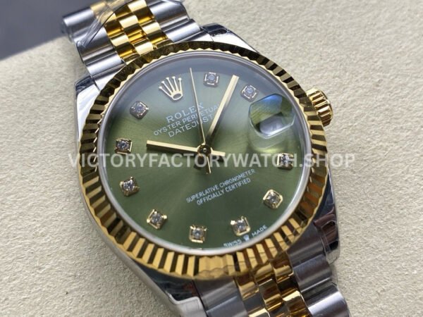 8+ Factory Counterweight Rolex Datejust 278273-0030 31mm Half Yellow Gold Diamond Green Dial Jubilee