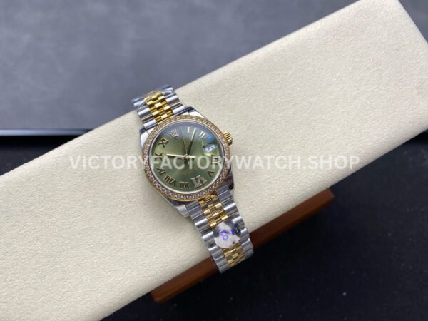 8+ Factory Counterweight Rolex Datejust 278383RBR-0016 31mm Diamond Yellow Gold Bezel Half Yellow Gold Roman Numerals Diamond Green Dial Jubilee