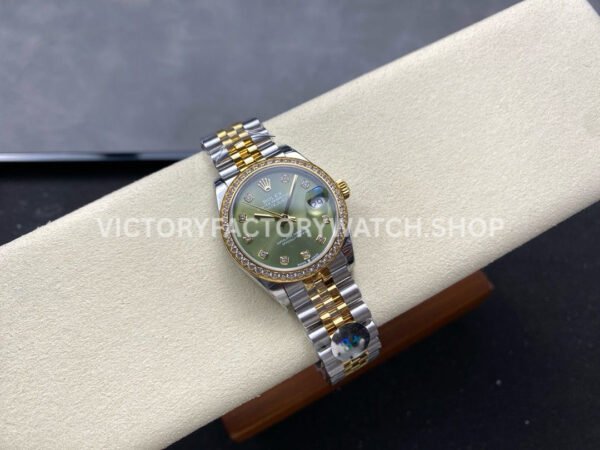 8+ Factory Counterweight Rolex Datejust 278383RBR-0030 31mm Diamond Yellow Gold Bezel Half Yellow Gold Diamond Green Dial Jubilee