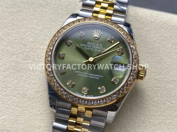 8+ Factory Counterweight Rolex Datejust 278383RBR-0030 31mm Diamond Yellow Gold Bezel Half Yellow Gold Diamond Green Dial Jubilee