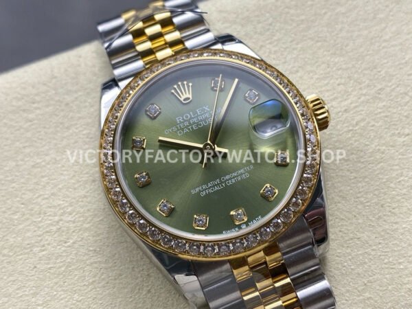 8+ Factory Counterweight Rolex Datejust 278383RBR-0030 31mm Diamond Yellow Gold Bezel Half Yellow Gold Diamond Green Dial Jubilee