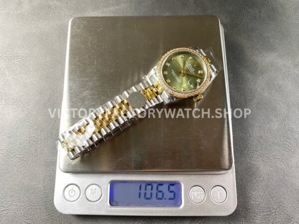 8+ Factory Counterweight Rolex Datejust 278383RBR-0030 31mm Diamond Yellow Gold Bezel Half Yellow Gold Diamond Green Dial Jubilee