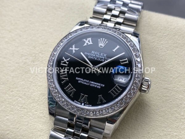 8+ Factory Counterweight Rolex Datejust 278384RBR-0002 31mm Diamond White Gold Bezel Full 904L Roman Numerals Black Dial Jubilee