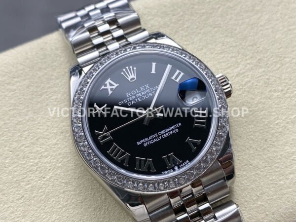 8+ Factory Counterweight Rolex Datejust 278384RBR-0002 31mm Diamond White Gold Bezel Full 904L Roman Numerals Black Dial Jubilee