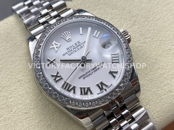 8+ Factory Counterweight Rolex Datejust 278384RBR-0014 31mm Diamond White Gold Bezel Full 904L Roman Numerals White Dial Jubilee