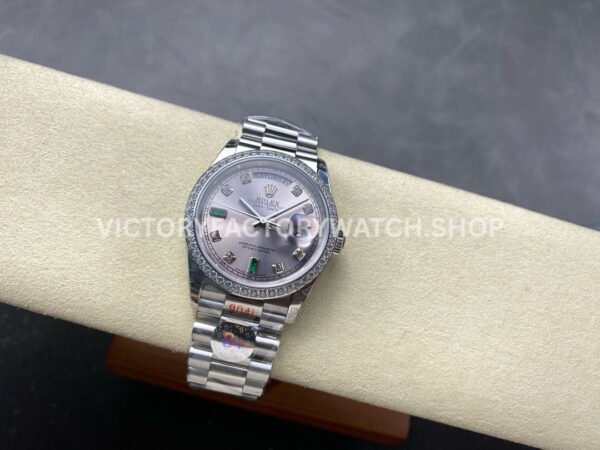 8+ Factory Counterweight Rolex Day-Date 118346-0084 36mm Diamond Platinum Bezel Full Platinum Diamond Mope Baguette Diamond Pink Dial