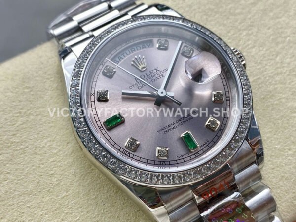 8+ Factory Counterweight Rolex Day-Date 118346-0084 36mm Diamond Platinum Bezel Full Platinum Diamond Mope Baguette Diamond Pink Dial