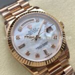 8+ Factory Counterweight Rolex Day-Date 128235-0029 36mm Full Rose Gold Diamond Mope Baguette Diamond Mother Of Pearl Dial