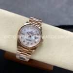 8+ Factory Counterweight Rolex Day-Date 128235-0029 36mm Full Rose Gold Diamond Mope Baguette Diamond Mother Of Pearl Dial