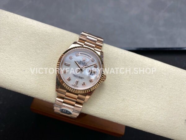 8+ Factory Counterweight Rolex Day-Date 128235-0029 36mm Full Rose Gold Diamond Mope Baguette Diamond Mother Of Pearl Dial