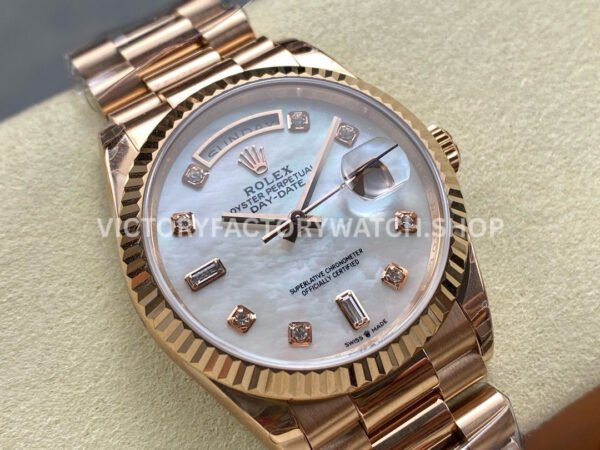 8+ Factory Counterweight Rolex Day-Date 128235-0029 36mm Full Rose Gold Diamond Mope Baguette Diamond Mother Of Pearl Dial
