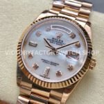 8+ Factory Counterweight Rolex Day-Date 128235-0029 36mm Full Rose Gold Diamond Mope Baguette Diamond Mother Of Pearl Dial