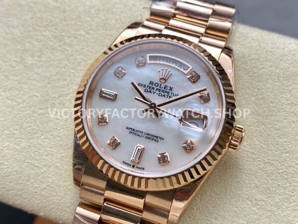 8+ Factory Counterweight Rolex Day-Date 128235-0029 36mm Full Rose Gold Diamond Mope Baguette Diamond Mother Of Pearl Dial