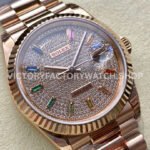 8+ Factory Counterweight Rolex Day-Date 128235-0039 36mm Full Rose Gold Baguette Diamond Rose Gold Dial