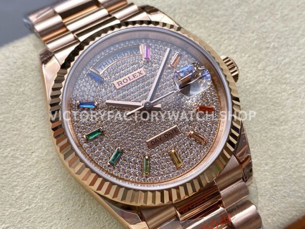 8+ Factory Counterweight Rolex Day-Date 128235-0039 36mm Full Rose Gold Baguette Diamond Rose Gold Dial