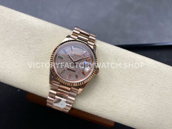 8+ Factory Counterweight Rolex Day-Date 128235-0039 36mm Full Rose Gold Baguette Diamond Rose Gold Dial