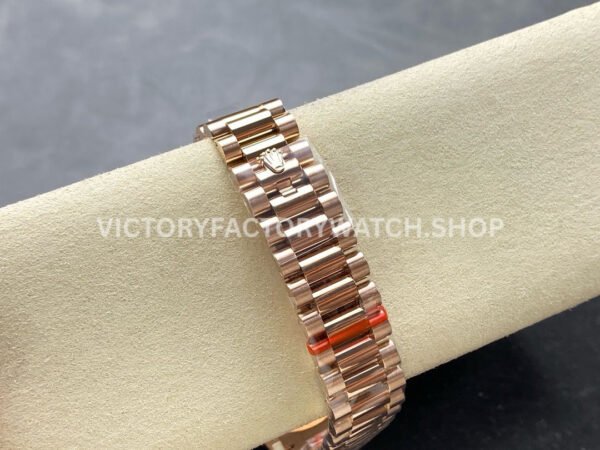 8+ Factory Counterweight Rolex Day-Date 128235-0039 36mm Full Rose Gold Baguette Diamond Rose Gold Dial