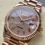 8+ Factory Counterweight Rolex Day-Date 128235-0039 36mm Full Rose Gold Baguette Diamond Rose Gold Dial