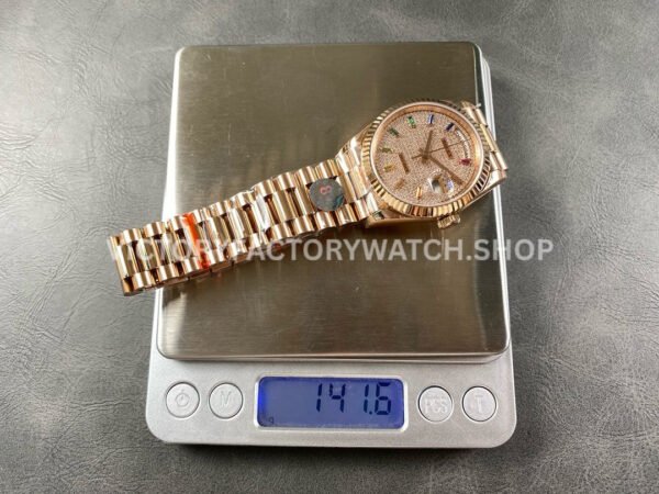 8+ Factory Counterweight Rolex Day-Date 128235-0039 36mm Full Rose Gold Baguette Diamond Rose Gold Dial