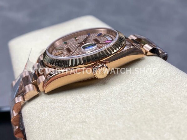 8+ Factory Counterweight Rolex Day-Date 128235-0039 36mm Full Rose Gold Baguette Diamond Rose Gold Dial