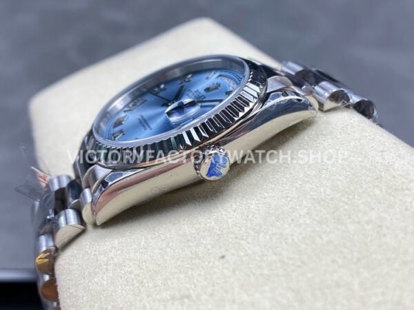 8+ Factory Counterweight Rolex Day-Date 128236-0008 36mm Full Platinum Roman Numerals Ice Blue Dial