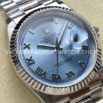 8+ Factory Counterweight Rolex Day-Date 128236-0008 36mm Full Platinum Roman Numerals Ice Blue Dial