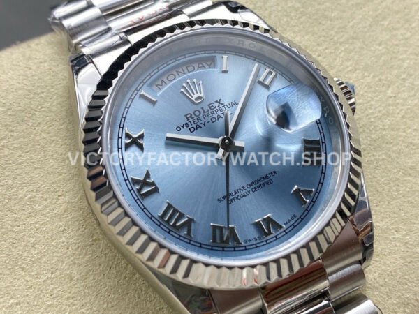 8+ Factory Counterweight Rolex Day-Date 128236-0008 36mm Full Platinum Roman Numerals Ice Blue Dial