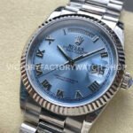 8+ Factory Counterweight Rolex Day-Date 128236-0008 36mm Full Platinum Roman Numerals Ice Blue Dial