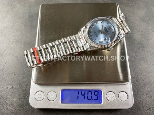 8+ Factory Counterweight Rolex Day-Date 128236-0008 36mm Full Platinum Roman Numerals Ice Blue Dial