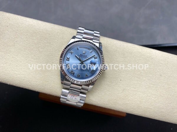 8+ Factory Counterweight Rolex Day-Date 128236-0008 36mm Full Platinum Roman Numerals Ice Blue Dial