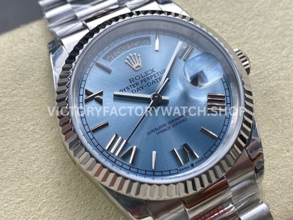8+ Factory Counterweight Rolex Day-Date 128236-0018 36mm Full Platinum Roman Numerals Ice Blue Dial