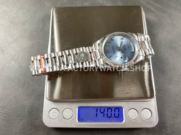 8+ Factory Counterweight Rolex Day-Date 128236-0018 36mm Full Platinum Roman Numerals Ice Blue Dial