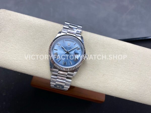 8+ Factory Counterweight Rolex Day-Date 128236-0018 36mm Full Platinum Roman Numerals Ice Blue Dial