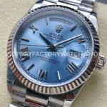 8+ Factory Counterweight Rolex Day-Date 128236-0018 36mm Full Platinum Roman Numerals Ice Blue Dial
