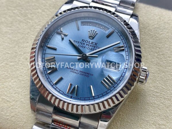 8+ Factory Counterweight Rolex Day-Date 128236-0018 36mm Full Platinum Roman Numerals Ice Blue Dial