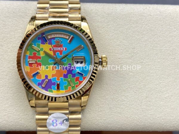 8+ Factory Counterweight Rolex Day-Date 128238-0106 36mm Full Yellow Gold Color Baguette Puzzle Blue Dial